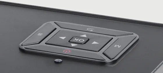 Top control pad of the Virelli V309 with power, source, menu, return, OK and arrow keys