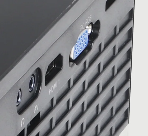 Side panel of the Virelli V309 with headphone output, AV input, HDMI 1 and PC/RGB VGA input