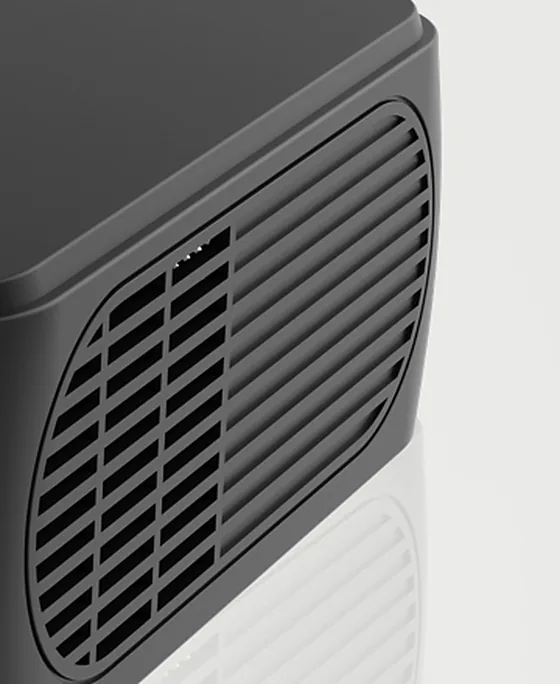Close-up of the Virelli V811 side cooling vents for the 25 dB ultra-quiet fan