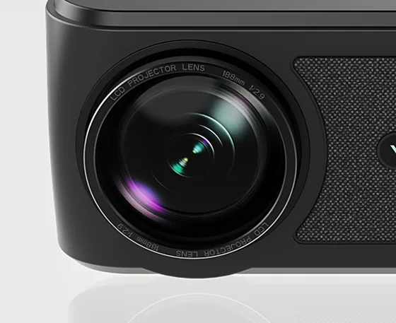 Close-up of the Virelli V811 manual-focus projector lens