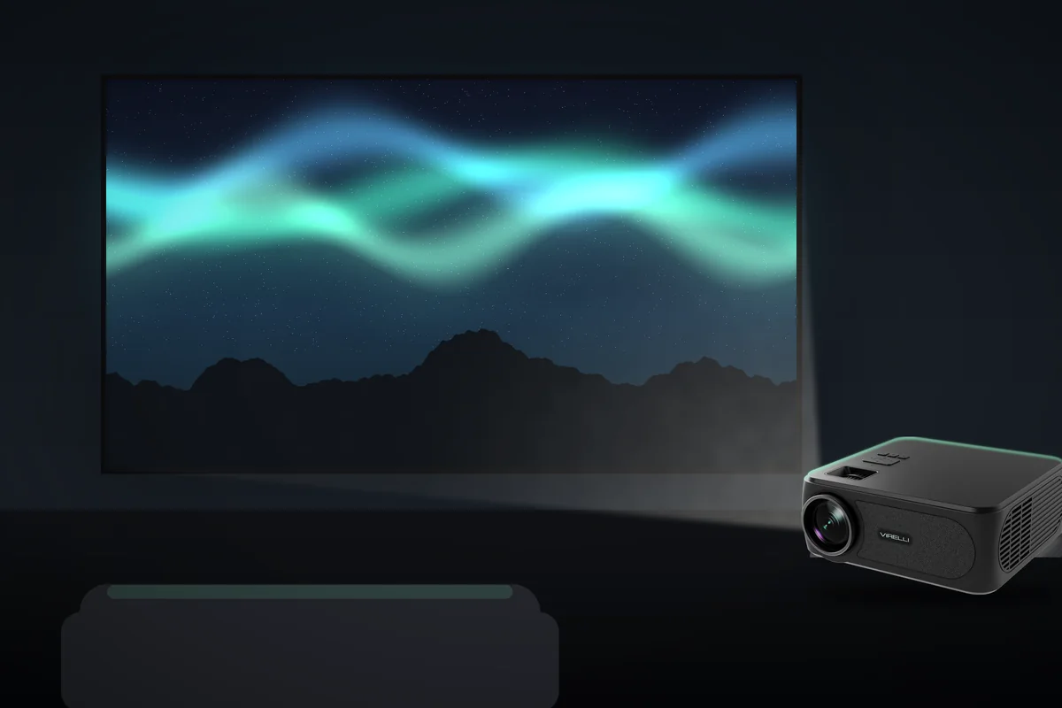 Home cinema - Virelli V811 Virelli V811 projector in a dark living room projecting an aurora landscape onto a large wall screen above a sofa