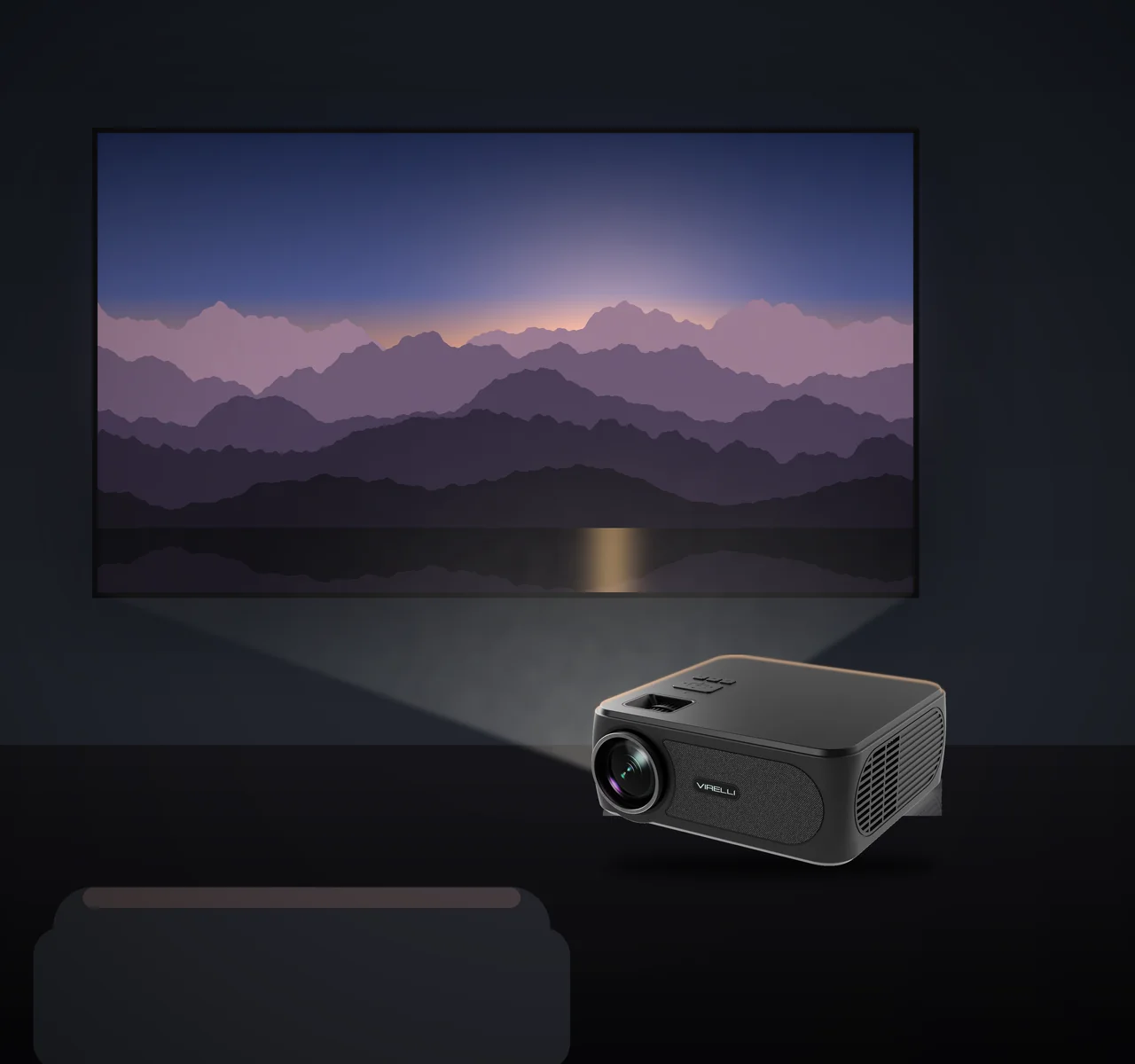 Virelli V811 8K UHD LED projector - home theater Virelli V811 projector in a dark home theater projecting a mountain sunset onto a large wall screen