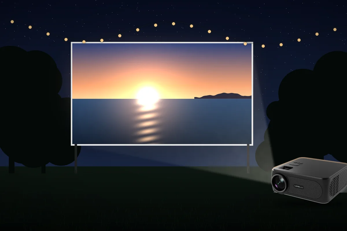 Outdoor movie nights - Virelli V811 Virelli V811 projector in a backyard at night projecting a sunset film onto an outdoor screen under string lights