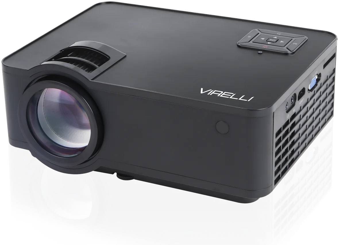 Virelli V309 8K UHD LED projector, three-quarter view showing the lens, top control pad and side inputs