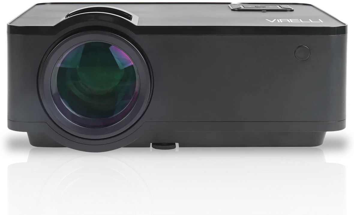 Virelli V309 projector seen from the front with its manual-focus lens