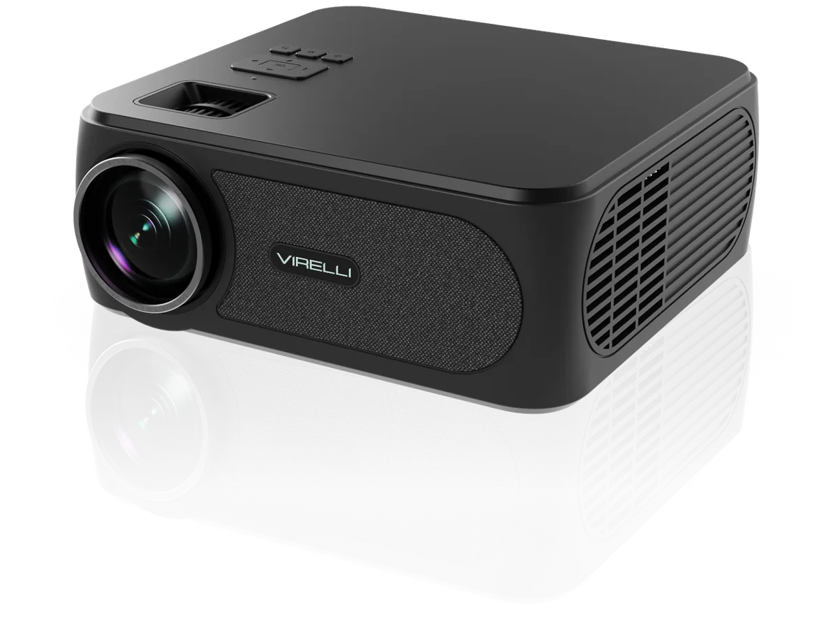 Virelli V811 projector - three-quarter view Virelli V811 8K UHD LED projector, three-quarter view showing the lens, control keys and side cooling vents
