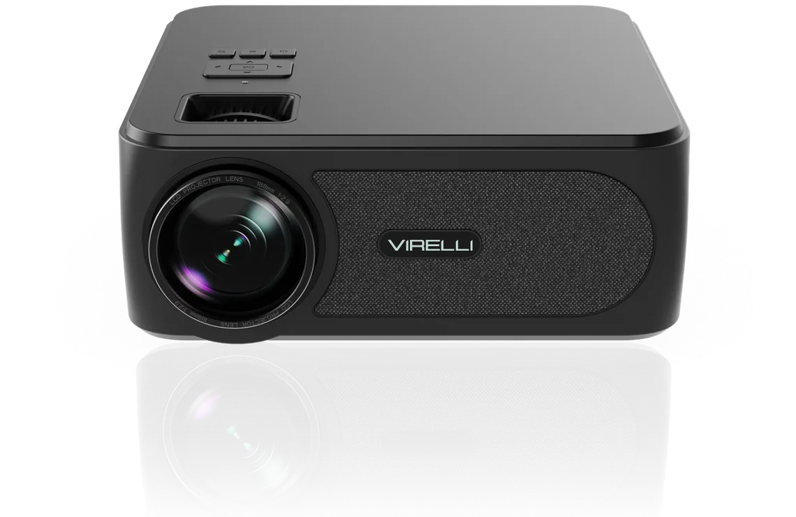 Virelli V811 projector seen from the front, with the manual-focus lens and fabric front panel
